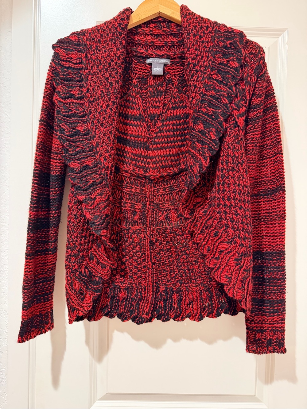 Chelsea & Theodore Red and Black Open-Front Knit Sweater